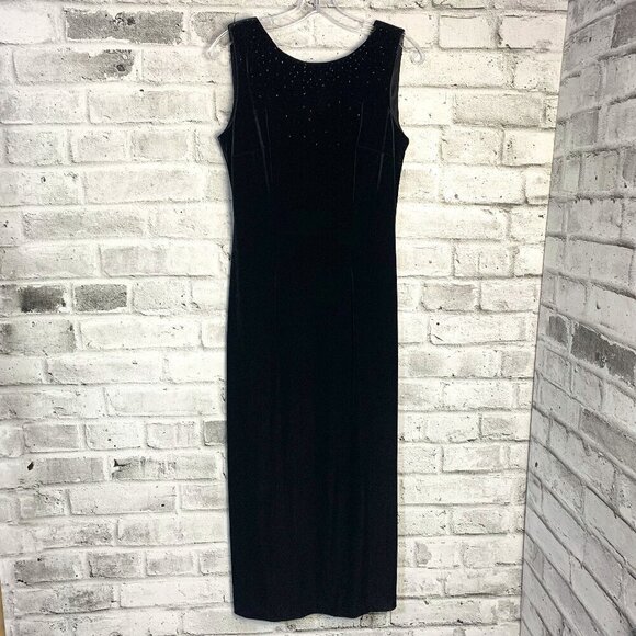 Vintage 90s Cleo Black Velvet Beaded Sleeveless Maxi Dress - Picture 1 of 15
